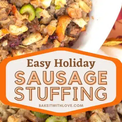 Pin image with text showing white casserole dish with sausage stuffing.