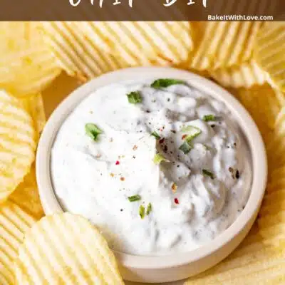 Pin image with text of sour cream chip dip.