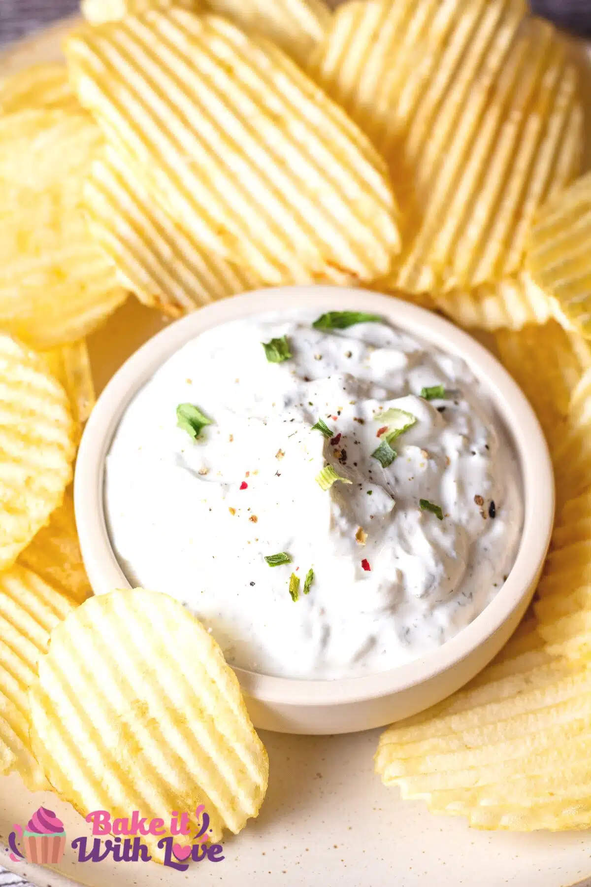 Tall image of sour cream chip dip.