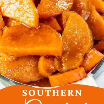 Pin image with text of Southern candied sweet potatoes.