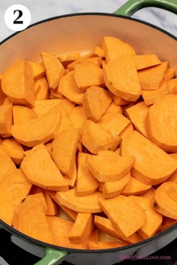 Southern candied sweet potatoes process image 2 showing peeled and sliced sweet potatoes.