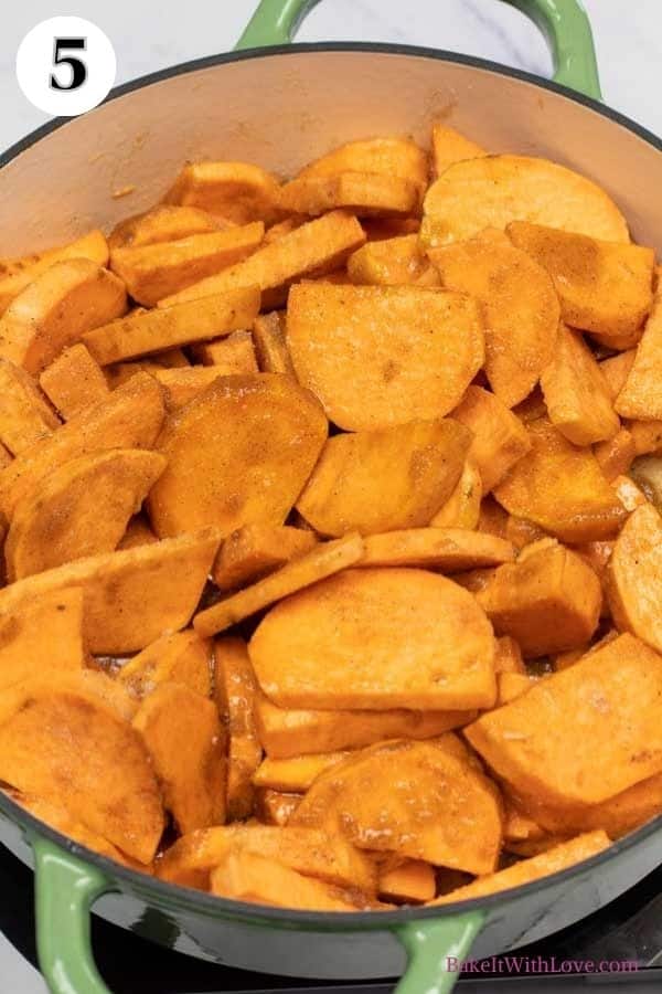 Southern candied sweet potatoes process image 5 showing the cooked candied sweet potatoes just after stirring in the pure vanilla extract.