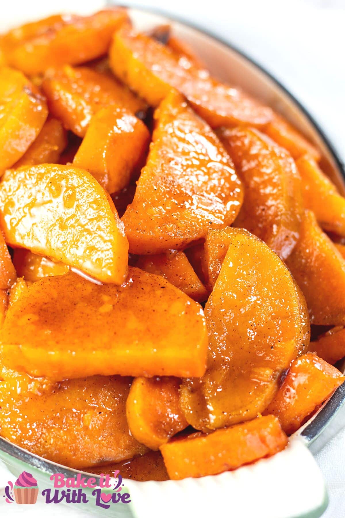 Tall image of Southern candied sweet potatoes.
