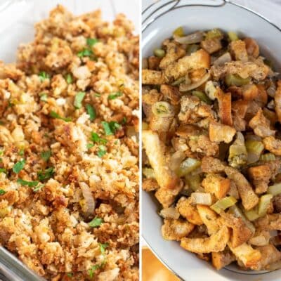 Square split image showing stuffing and dressing.