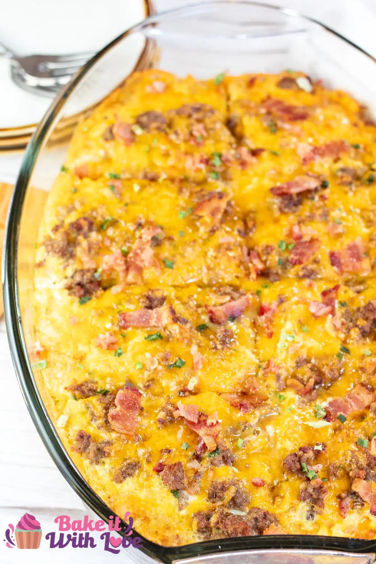 Tall image showing tater tot casserole.