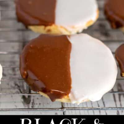 Pin image with text of black and white cookies.