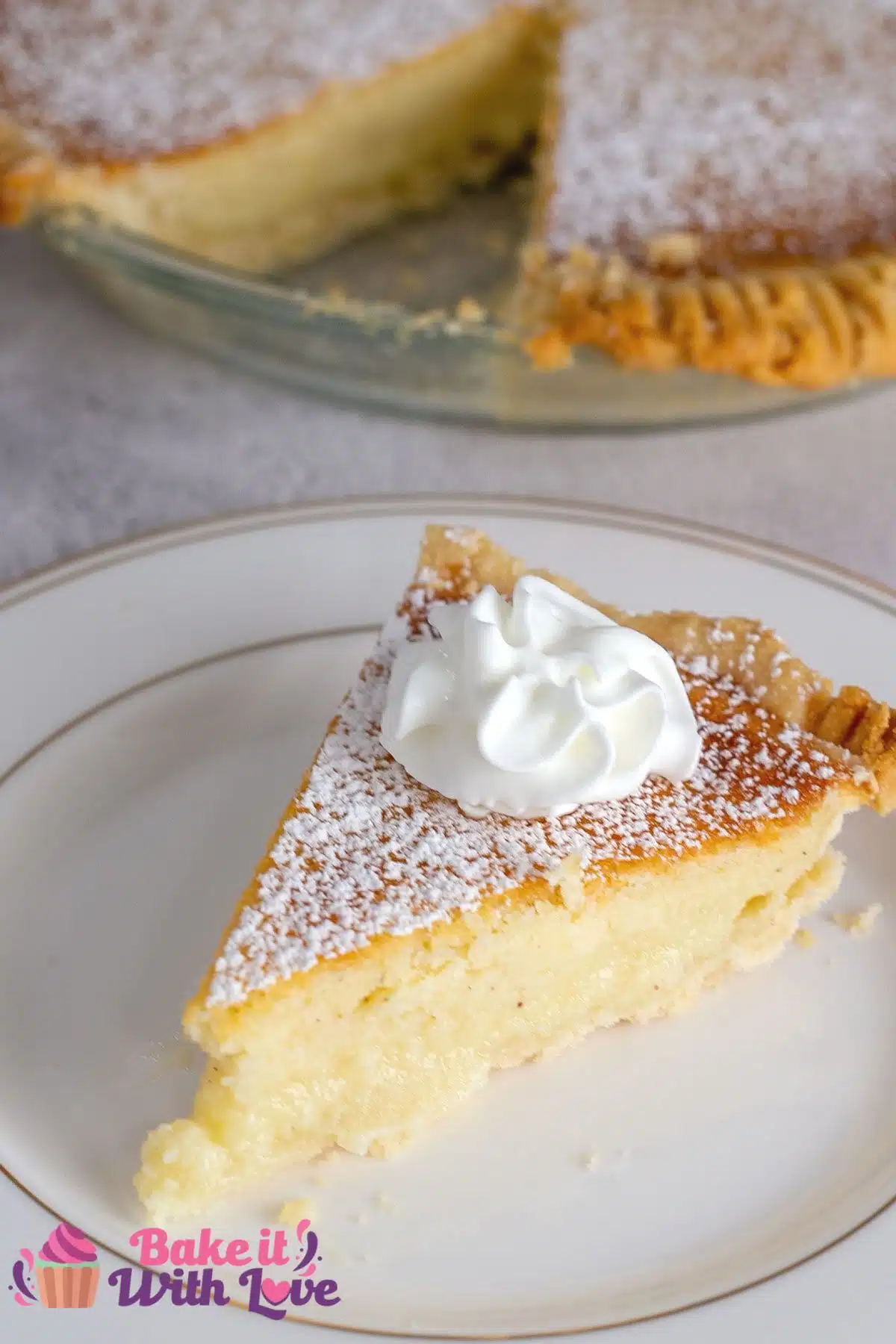 Tall image showing a slice of buttermilk pie.