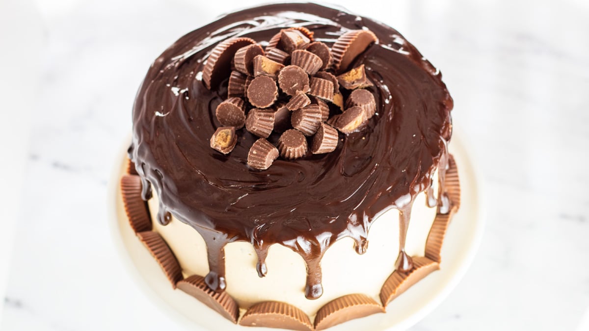 Overhead wide image of chocolate peanut butter drip cake.
