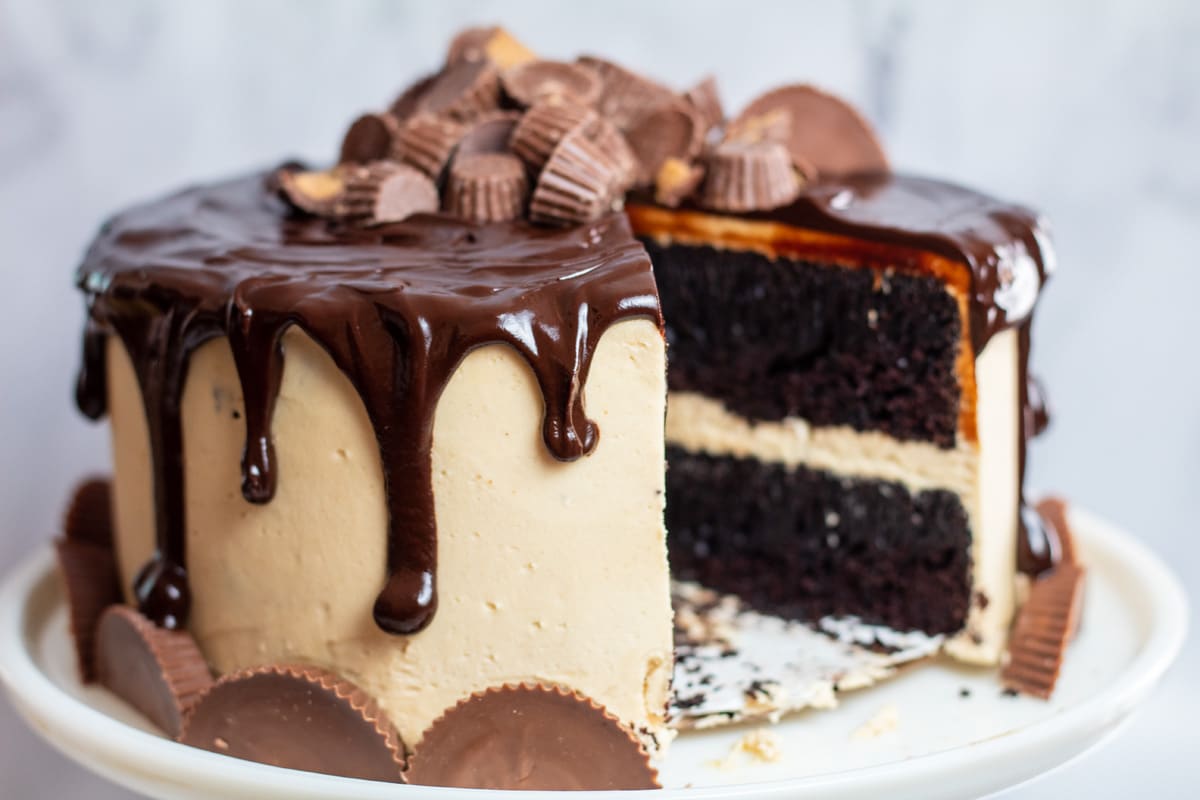 Wide image of chocolate peanut butter drip cake.