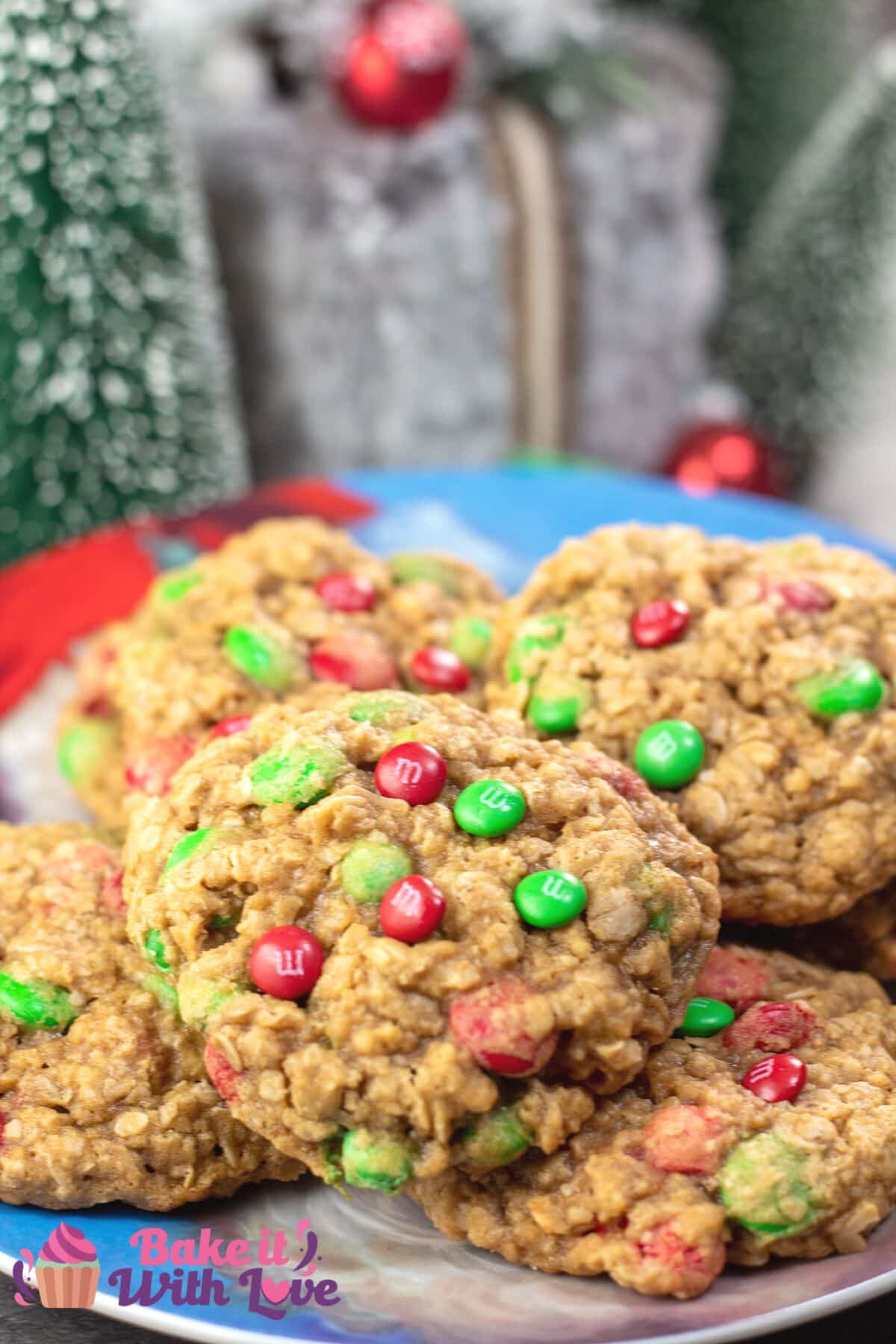 Tall image showing Christmas M&M oatmeal cookies.