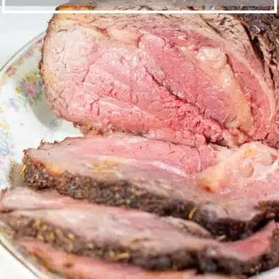 Pin image with text showing sliced Christmas prime rib roast.