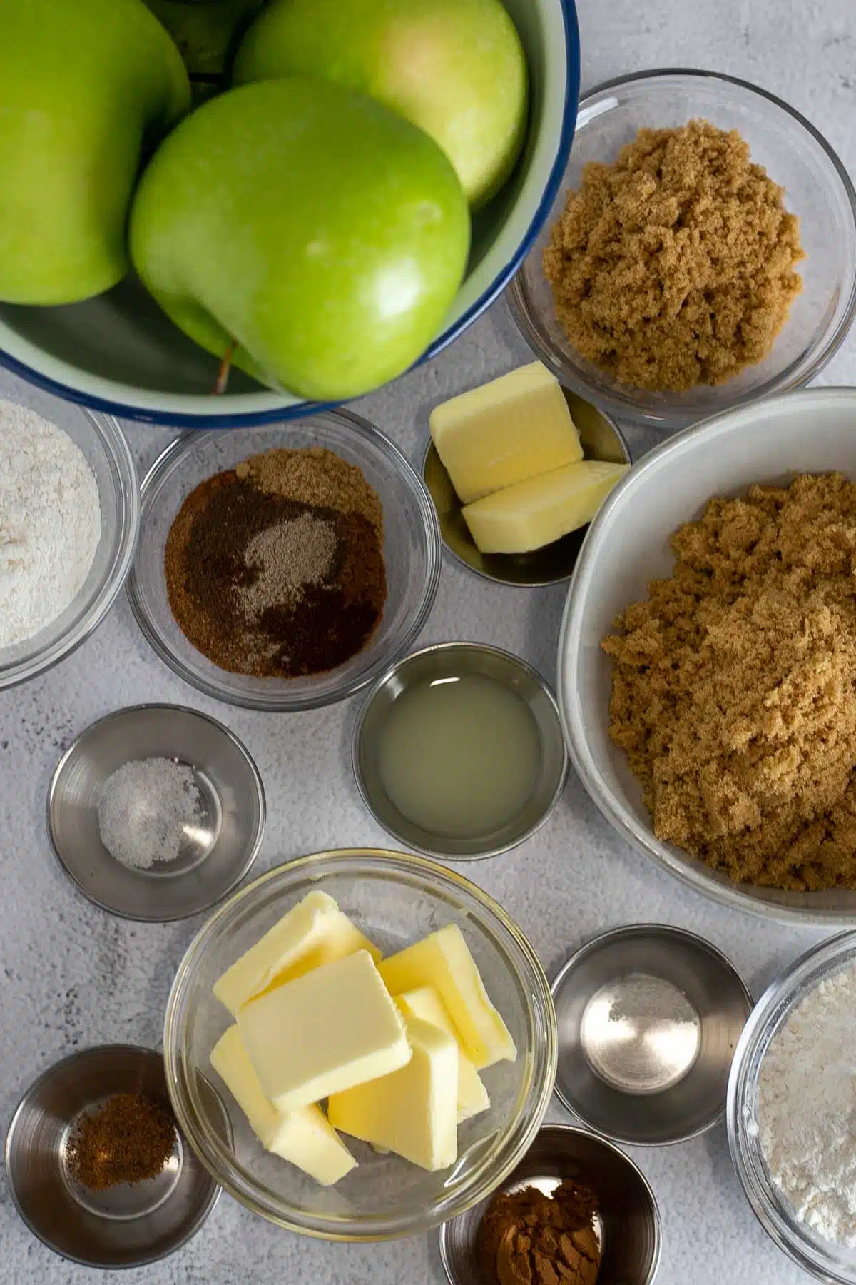 Tall image showing dutch apple pie ingredients.