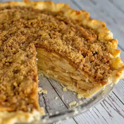 Square image showing dutch apple pie.