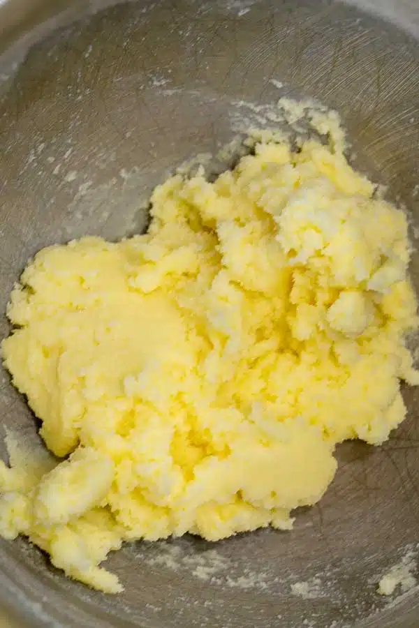 Process image 2 showing butter and sugar in mixing bowl combined.