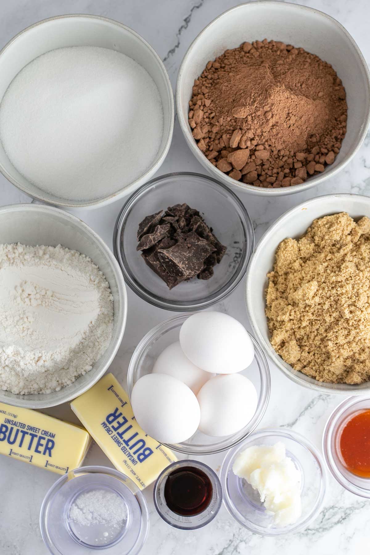 Tall image showing fudge brownie ingredients.
