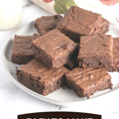 Pin image with text showing a plate of fudge brownies.