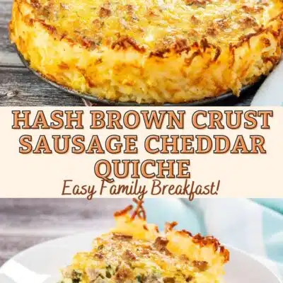 Pin image with text showing hash brown crusted quiche.