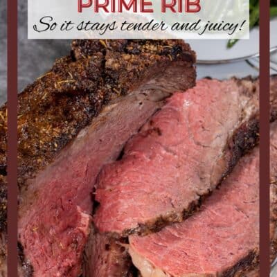 How to reheat prime rib pin with sliced prime rib roast and text title.