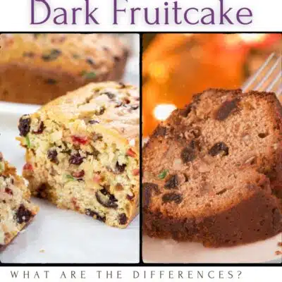 Light vs dark fruitcake pin with side by side comparison images and text title.