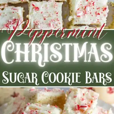 Best peppermint sugar cookie bars pin with two images of the sliced cookie bars and text title.