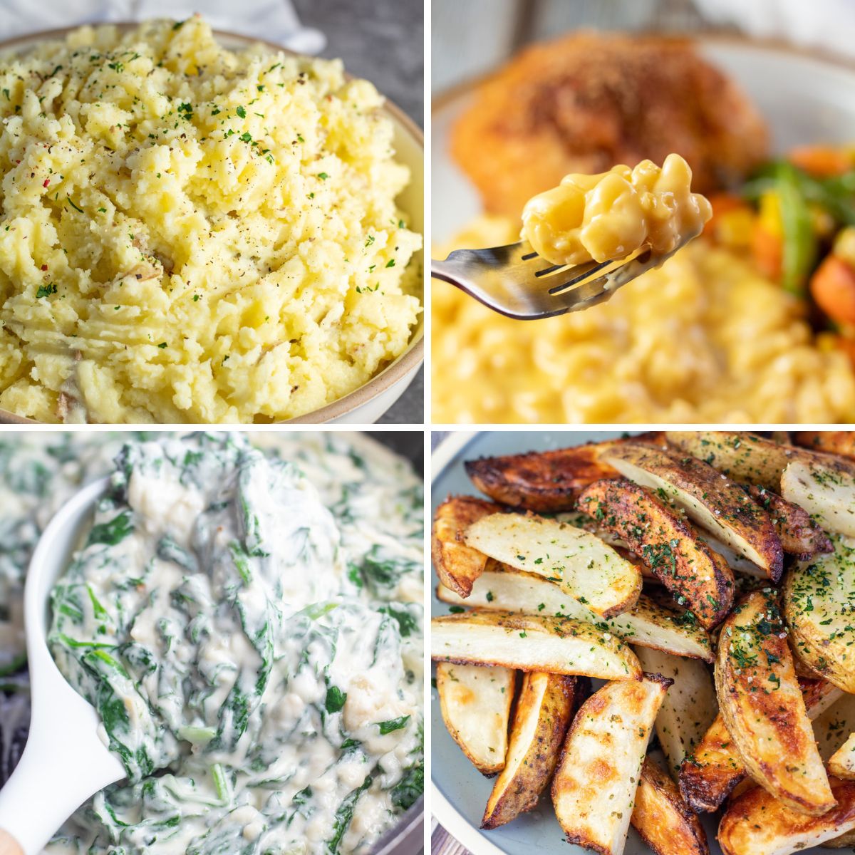 What to serve with chicken dinner side dish ideas illustrated with 4 favorites in a collage.