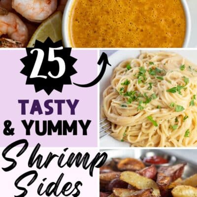What to serve with shrimp pin with three recipes featured and text title on the left.