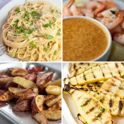 What to serve with shrimp 4 image collage featuring family favorite sides for shrimp dinners.
