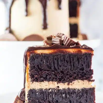 Tall image of a slice of chocolate peanut butter drip cake.