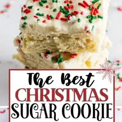 Best Christmas sugar cookie bars recipe pin with two images of the tasty cookie bars and text title.