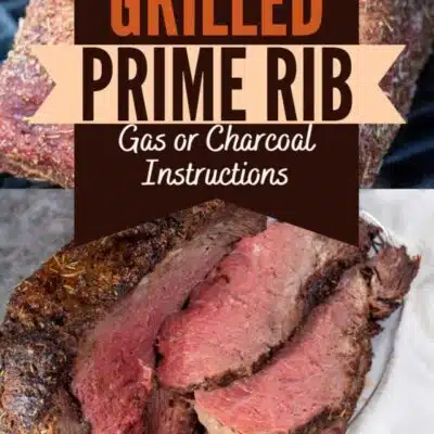 Pin image with text of a sliced grilled prime rib.