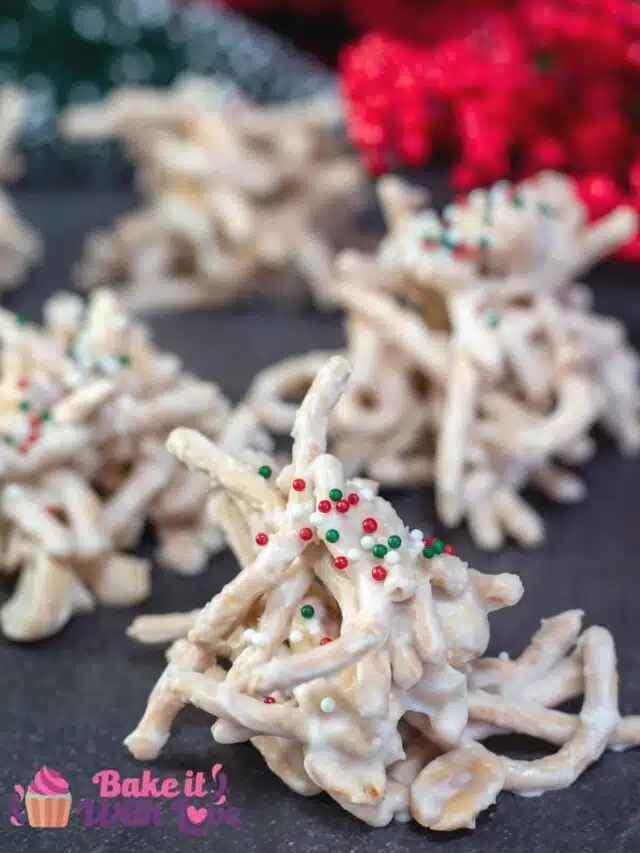 White Chocolate Haystacks Easy No-Bake Recipe with Christmas Sprinkles