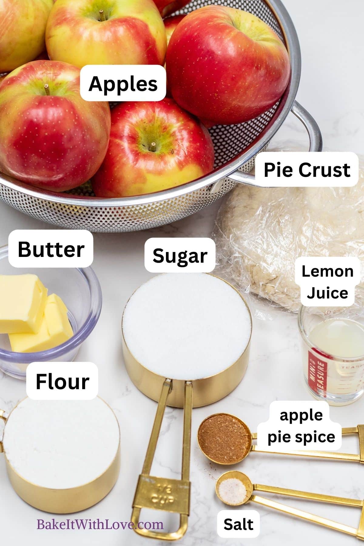 Image showing Dutch apple pie ingredients portioned out and labeled.