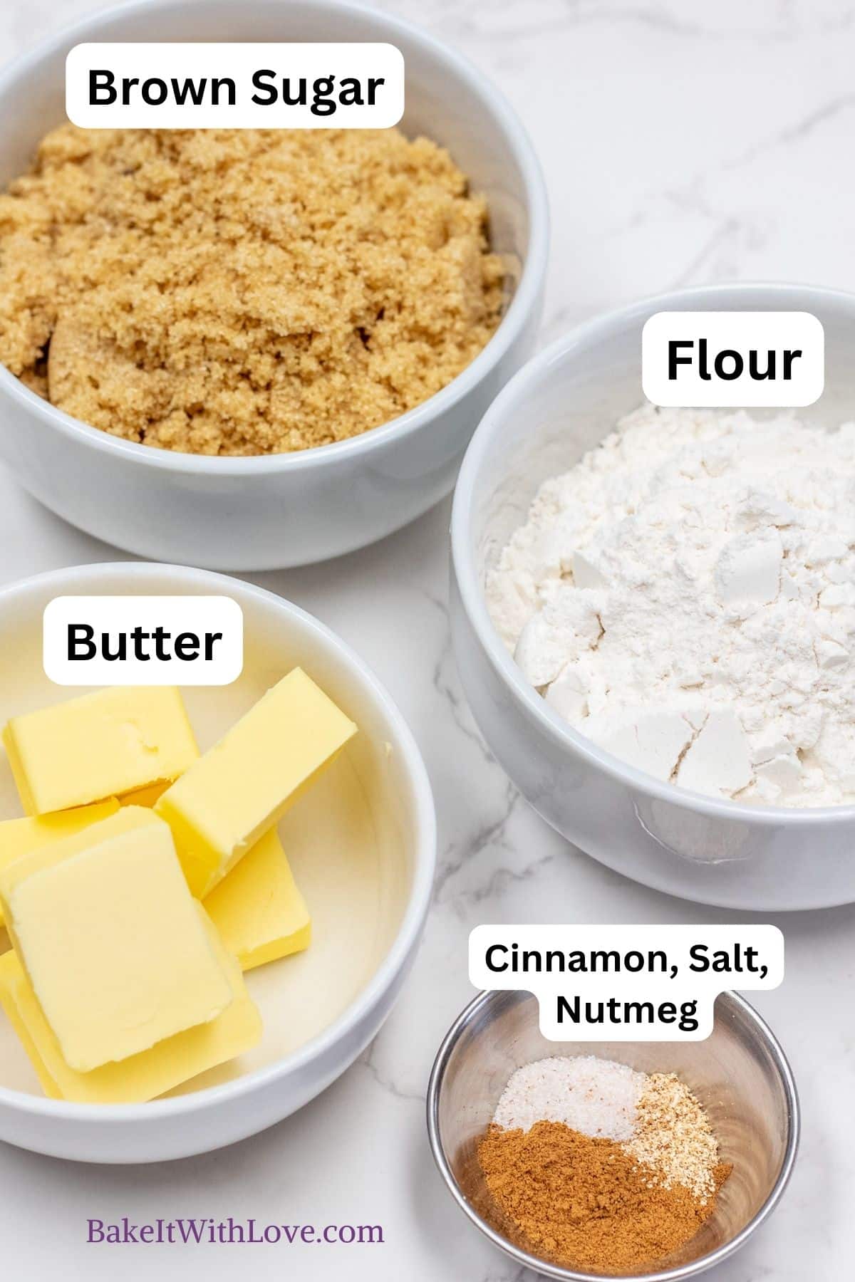 Image showing streusel topping ingredients portioned out and labeled.