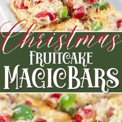 Pin image with text showing fruitcake magic bars on a serving tray.