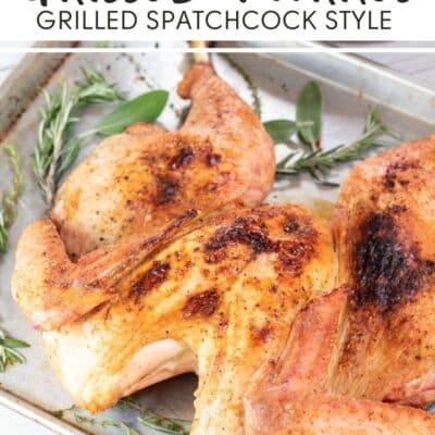 Pin image with text of spatchcock grilled turkey.