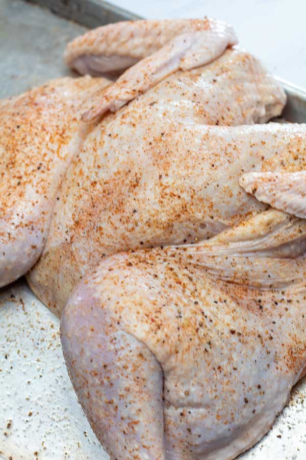 Process image 3 showing seasoned turkey on baking sheet.