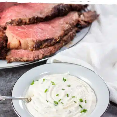 Pin image with text of horseradish sauce next to prime rib.