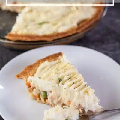 Pin image with text showing leftover turkey pot pie.