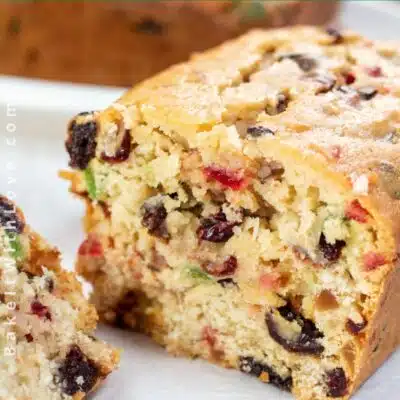 Pin image with text of light fruitcake.