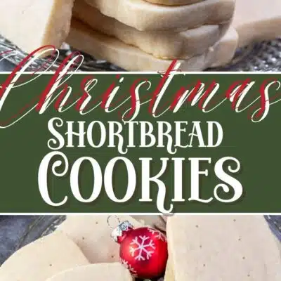 Pin image with text of shrtbread cookies on a glass plate.