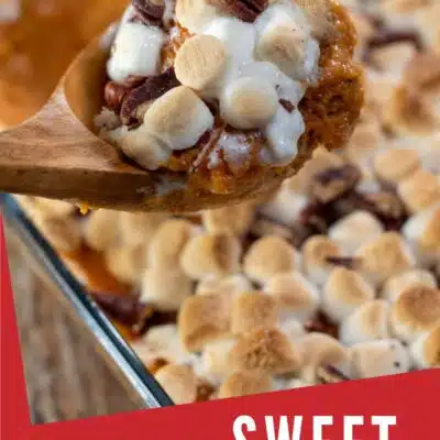 Pin image with text of sweet potato casserole with marshmallows.