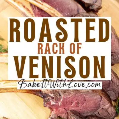 Pin image with text of venison rib roast, sliced on a cutting board.