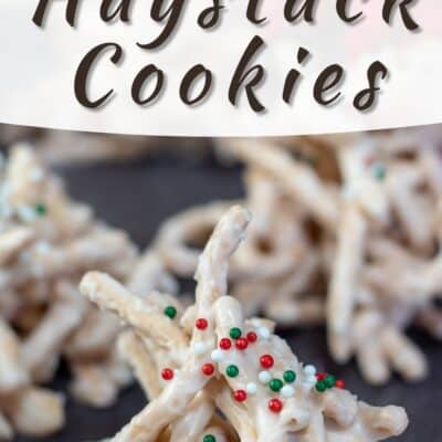 Pin image with text showing white chocolate haystack cookies.