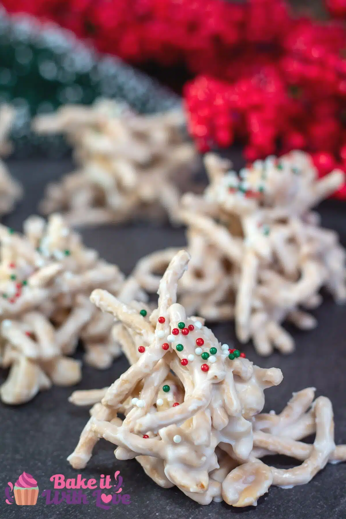 Tall image showing white chocolate haystack cookies.