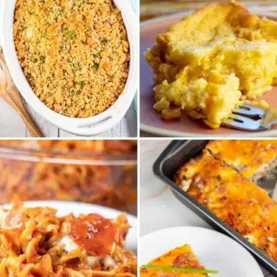 Pin split image with text showing different 5 ingredient casseroles.