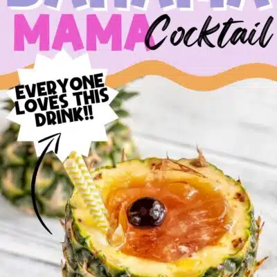 Pin image with text of a Bahama Mama cocktail in a cut open pineapple.