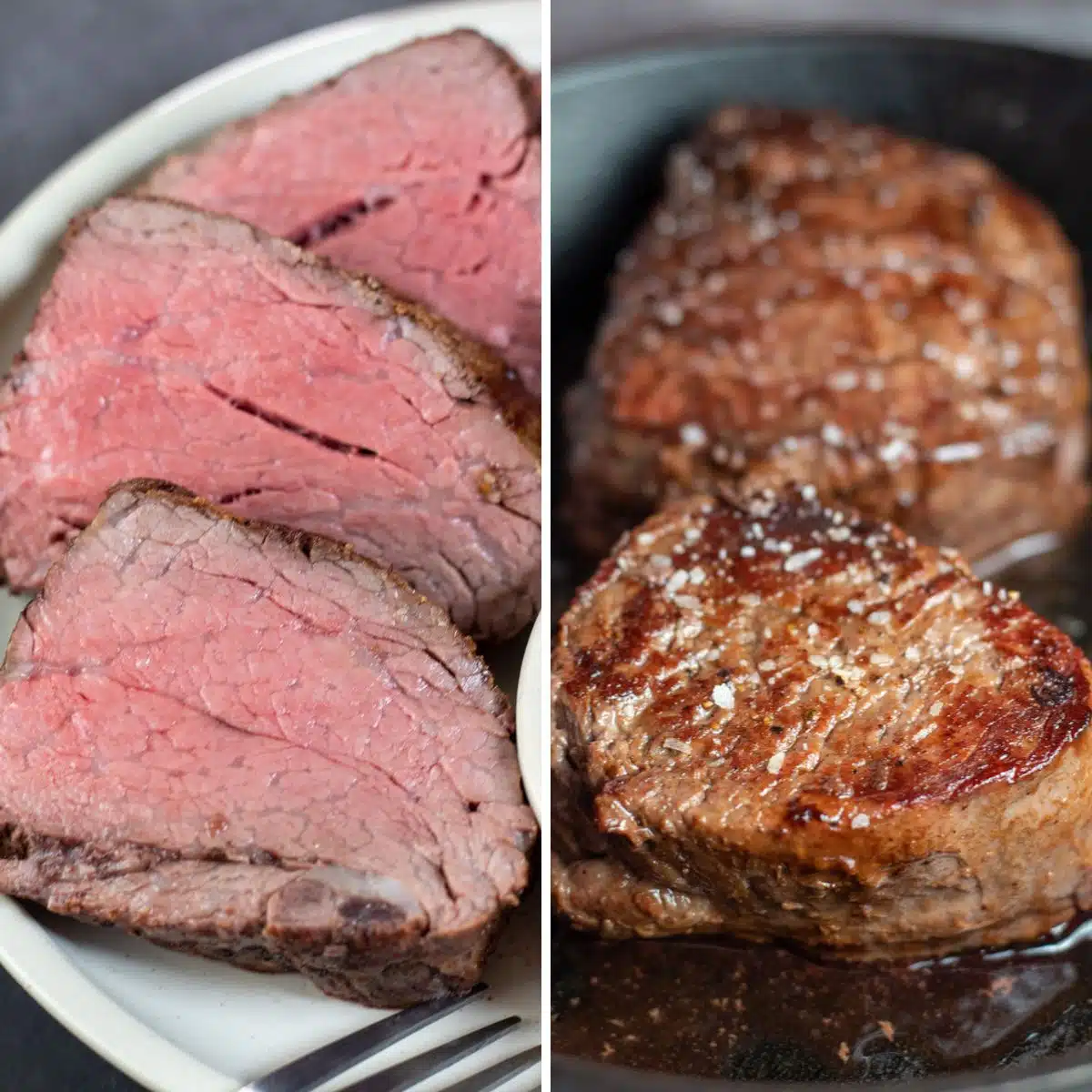 Čtvercový rozdělený obrázek zobrazující Chateaubriand vs Filet Mignon.