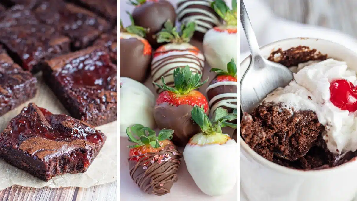 Wide split image of valentines day chocolate desserts including strawberry swirl brownies, chocolate-covered strawberries, and a chocolate mug cake.