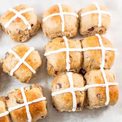 Square image showing hot cross buns.
