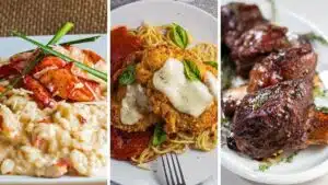 Tasty family dinner ideas for Valentine's day in a side-by-side image of three best dinners to make.